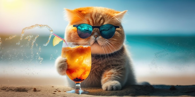 Cat is on summer vacation at seaside resort and relaxing rest on summer beach of Hawaii