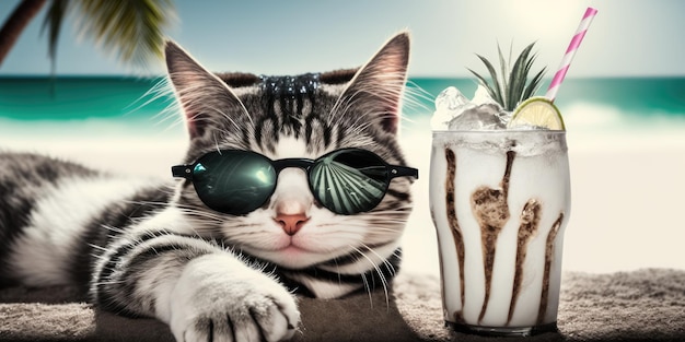 猫は海辺のリゾートで夏休みを過ごし、ハワイの夏のビーチでリラックスした休息をとっています