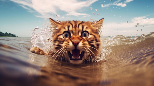 A cat is swimming in the water with its mouth open.