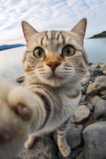 A cat is taking a selfie with his camera