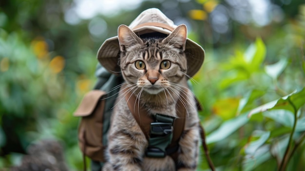 Foto il gatto è un viaggiatore nella foresta estiva