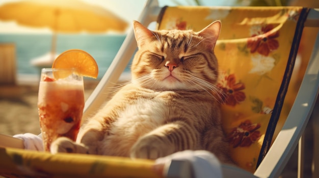 Кот в отпуске на море, отдыхает и наслаждается жизнью Лежит на шезлонге и загорает Летний напиток сгенерирован искусственным интеллектом