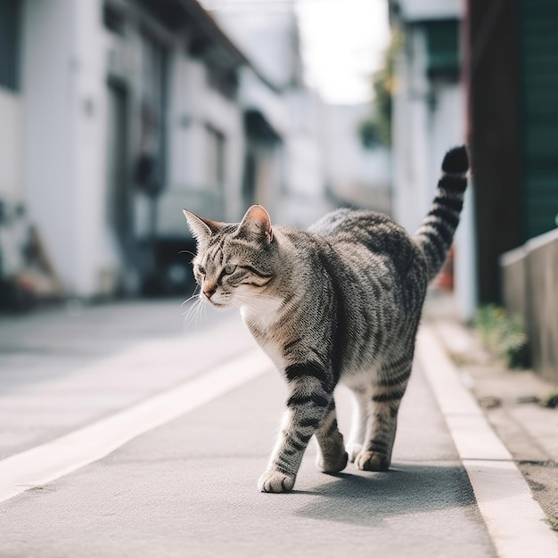 A cat is walking down the street in front of a building.