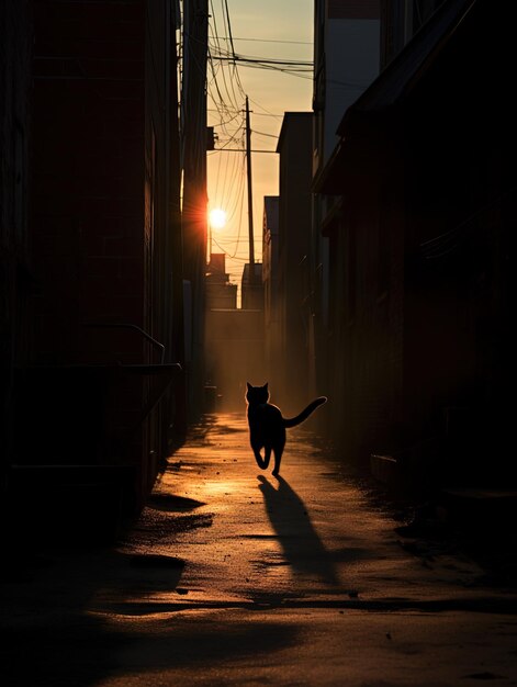 a cat is walking down a street with the sun setting behind it