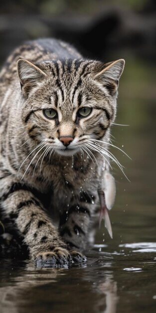 猫が水の中の岩の上を歩いています。