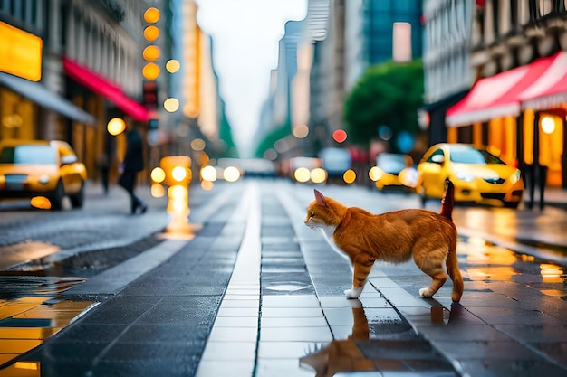 a cat is walking on the sidewalk in the rain.