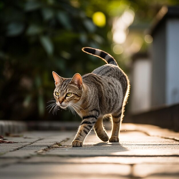 a cat is walking on a sidewalk in the sun.