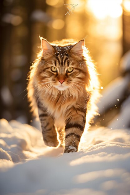 a cat is walking in the snow with the sun shining behind him