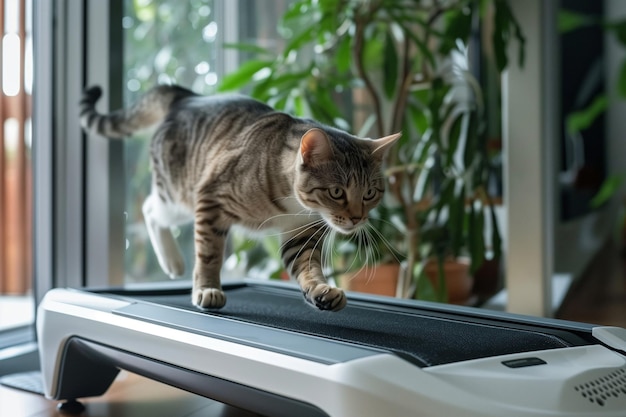 A cat is walking on a treadmill The cat is looking at the camera