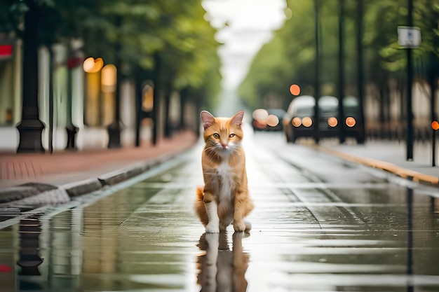 a cat is walking on a wet street in the rain.