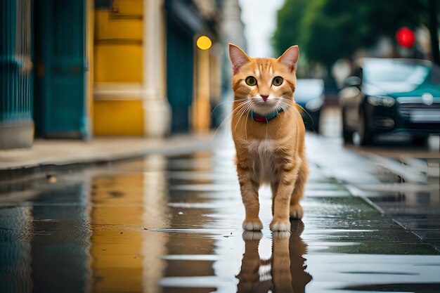 A cat is walking on a wet street