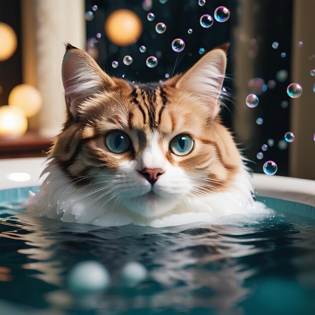 A cat is in the water with bubbles in the background