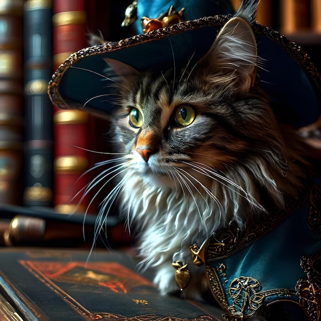 Photo a cat is wearing a blue hat and has a gold crown on it