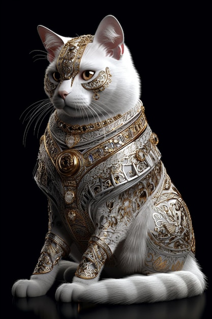 A cat is wearing a gold and silver costume with gold trim.