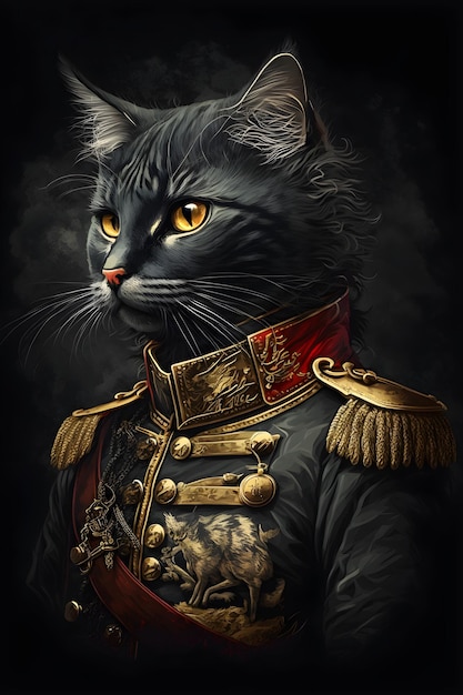 A cat is wearing a military uniform that says'the cat '