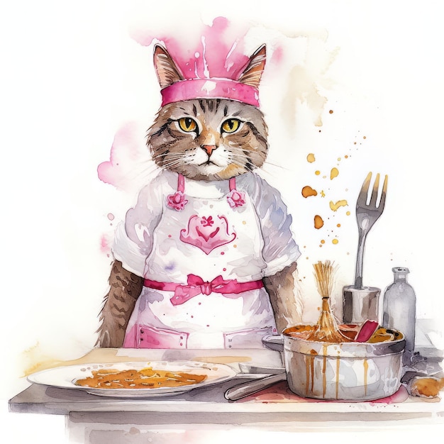 A cat is wearing a pink apron and a pink heart on her apron.