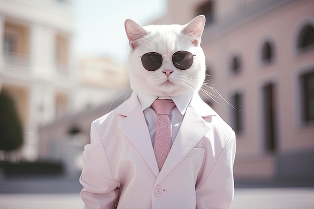 A cat is wearing sunglasses suit and standing on street