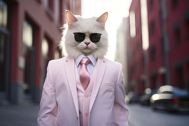 Photo a cat is wearing sunglasses suit and standing on street