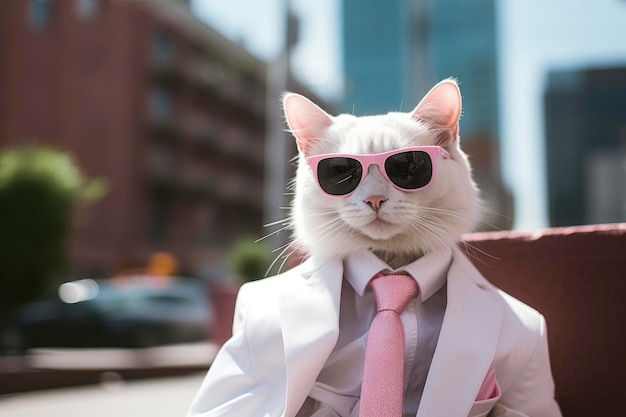 A cat is wearing sunglasses suit and standing on street