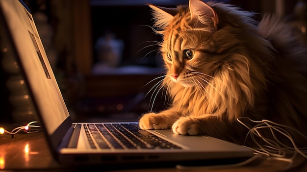 A cat is working on a laptop