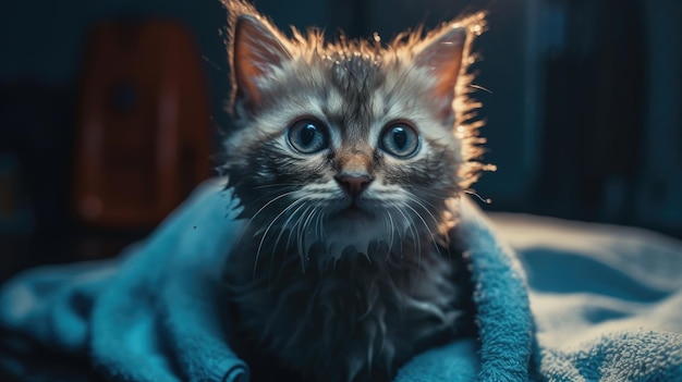 A cat is wrapped in a blanket and is looking up at the camera.