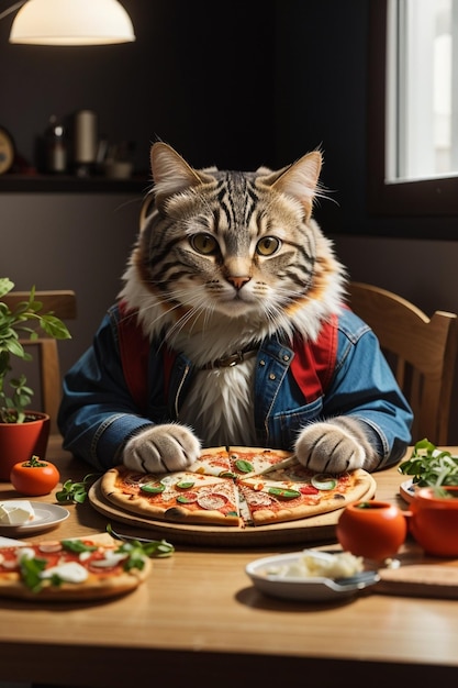 A cat in a jacket sits at a table with pizzas on it.