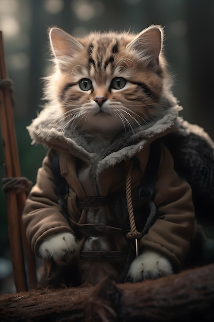 Кот в куртке с мехом на нем