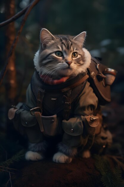 A cat in a jacket with the word war on it