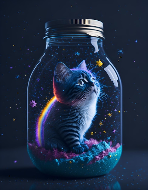 A cat in a jar with a rainbow on the bottom.