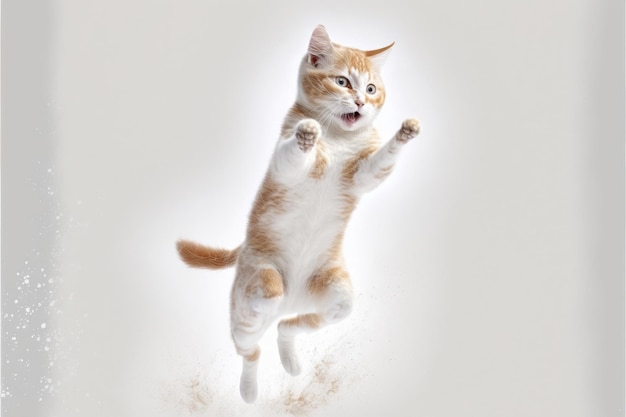 Photo cat jump on white background full body with free space made by aiartificial intelligence