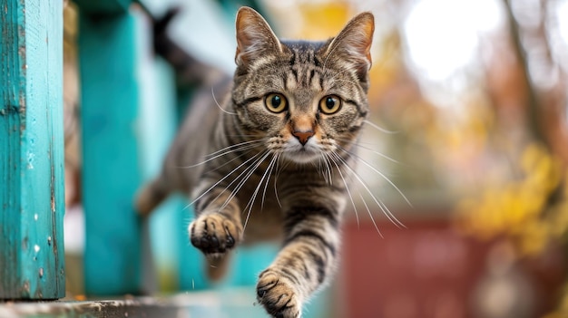 A cat jumping over a wooden fence with green leaves ai