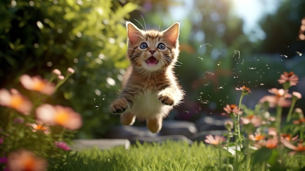 A cat jumps in the air with flowers in the background