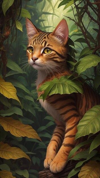 Foto gatto nella giungla pelle fatta di foglie favola stile fantasia hd colorato