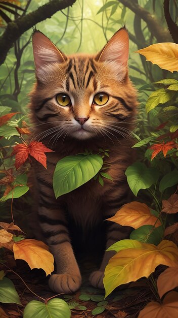 Foto gatto nella giungla pelle fatta di foglie favola stile fantasia hd colorato