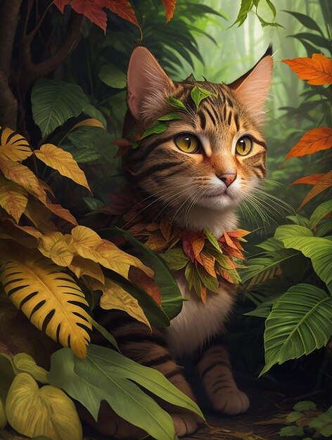 Cat in the jungle skin made of leaves fairytale fantasy style hd colorful