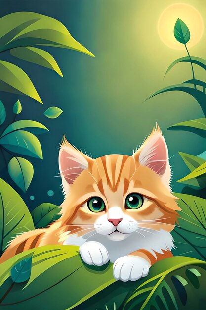 A cat in the jungle with green eyes