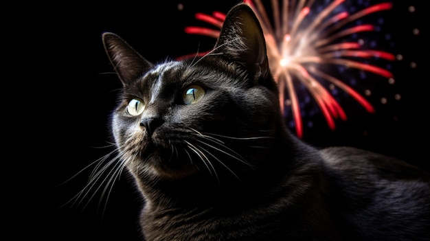 Cat kijkt naar het vuurwerk Bobtail op een zwarte achtergrond met ruimte voor tekst Generative AI
