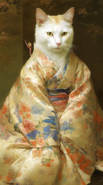 A cat in a kimono is shown with a floral pattern.