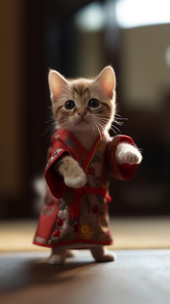 A cat in a kimono is standing on a table.