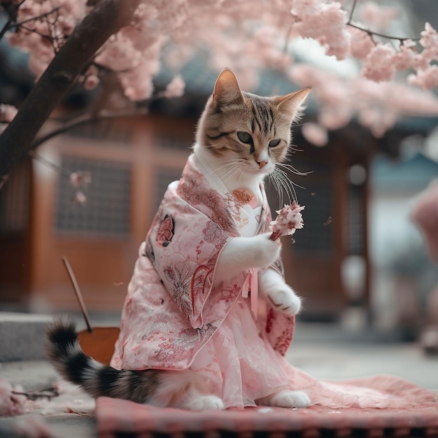 A cat in a kimono sits under a cherry tree.