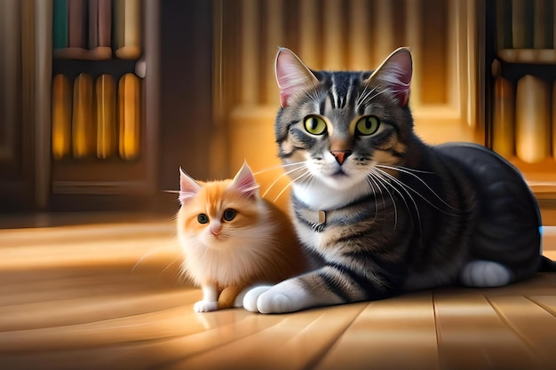 A cat and a kitten are sitting on a wooden floor.