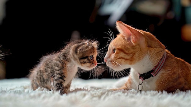 A cat and a kitten looking at each other