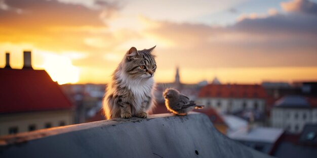 'Cat and kitty sitting on house roof on sunset at evening in medieval town