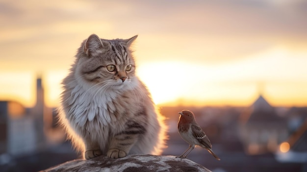 「中世の町の夕方、家の屋根に座っている猫と子猫