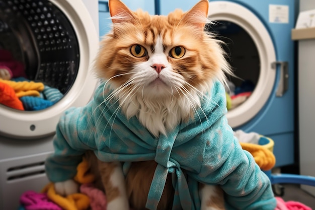 Photo cat lady washing clothes in the laundry room