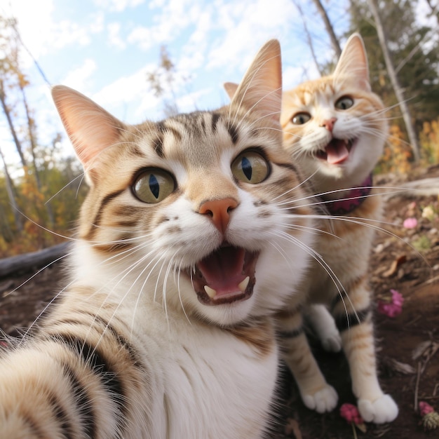 cat laughing while taking selfie photo with his best friend kitty