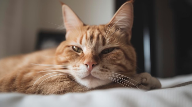 A cat laying on a bed with its eyes closed