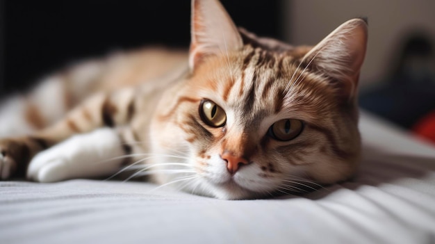 A cat laying on a bed with its eyes closed