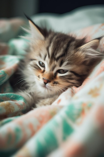 A cat laying on a blanket with a colorful blanket.