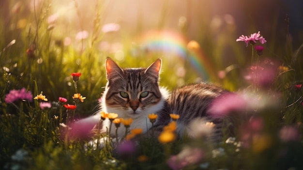 A cat laying in a field of flowers